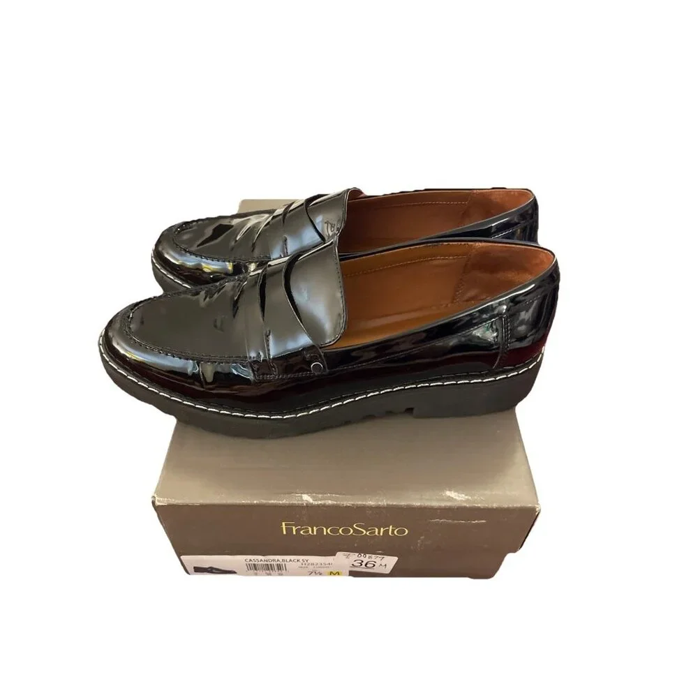 FRANCO SARTO Cassandra Women 7.5M Black Patent Faux Leather‎ Y2K Loafer Gorecore